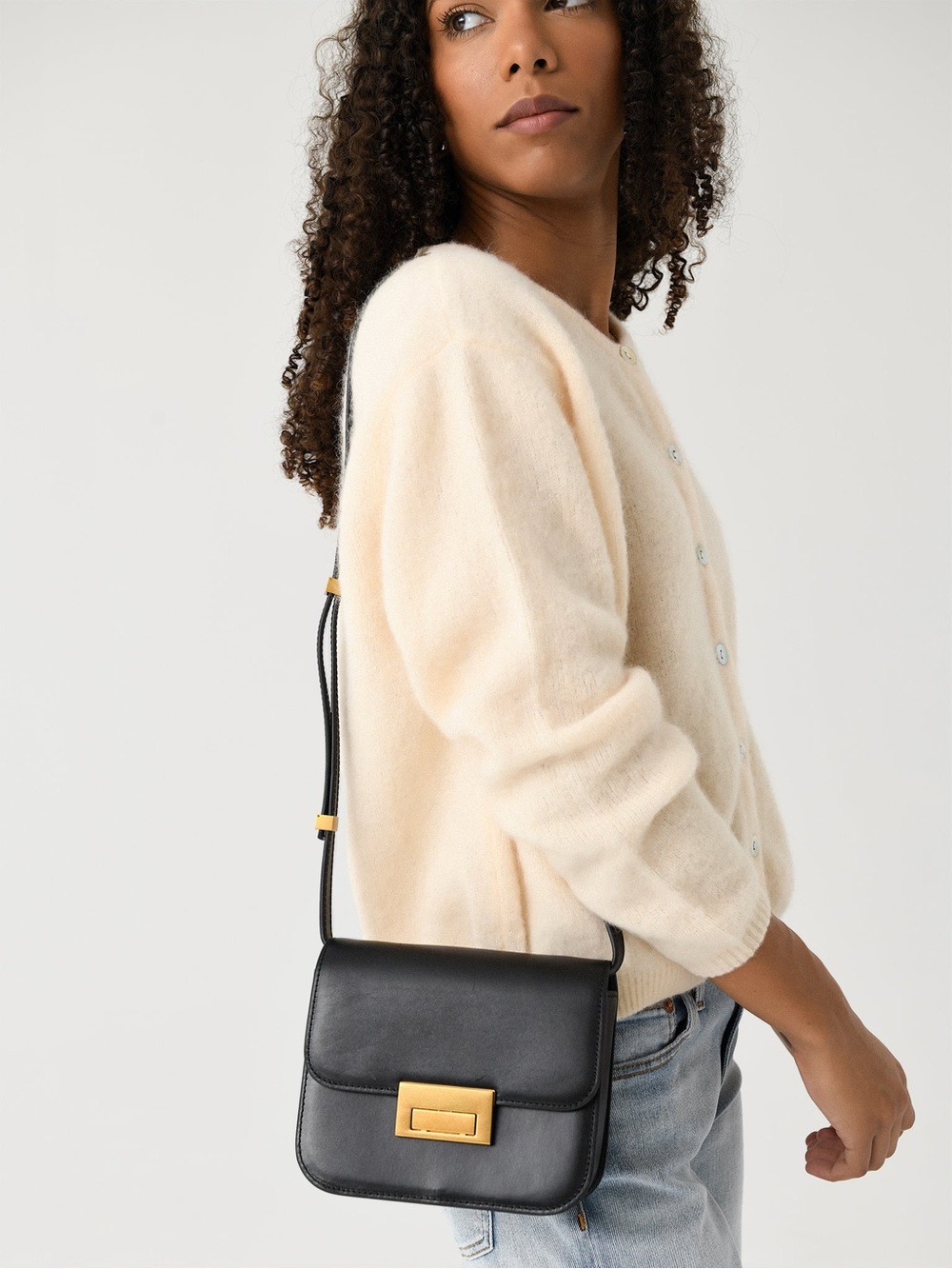 Loeffler Randall Black Leather Crossbody with Gold Hardware
